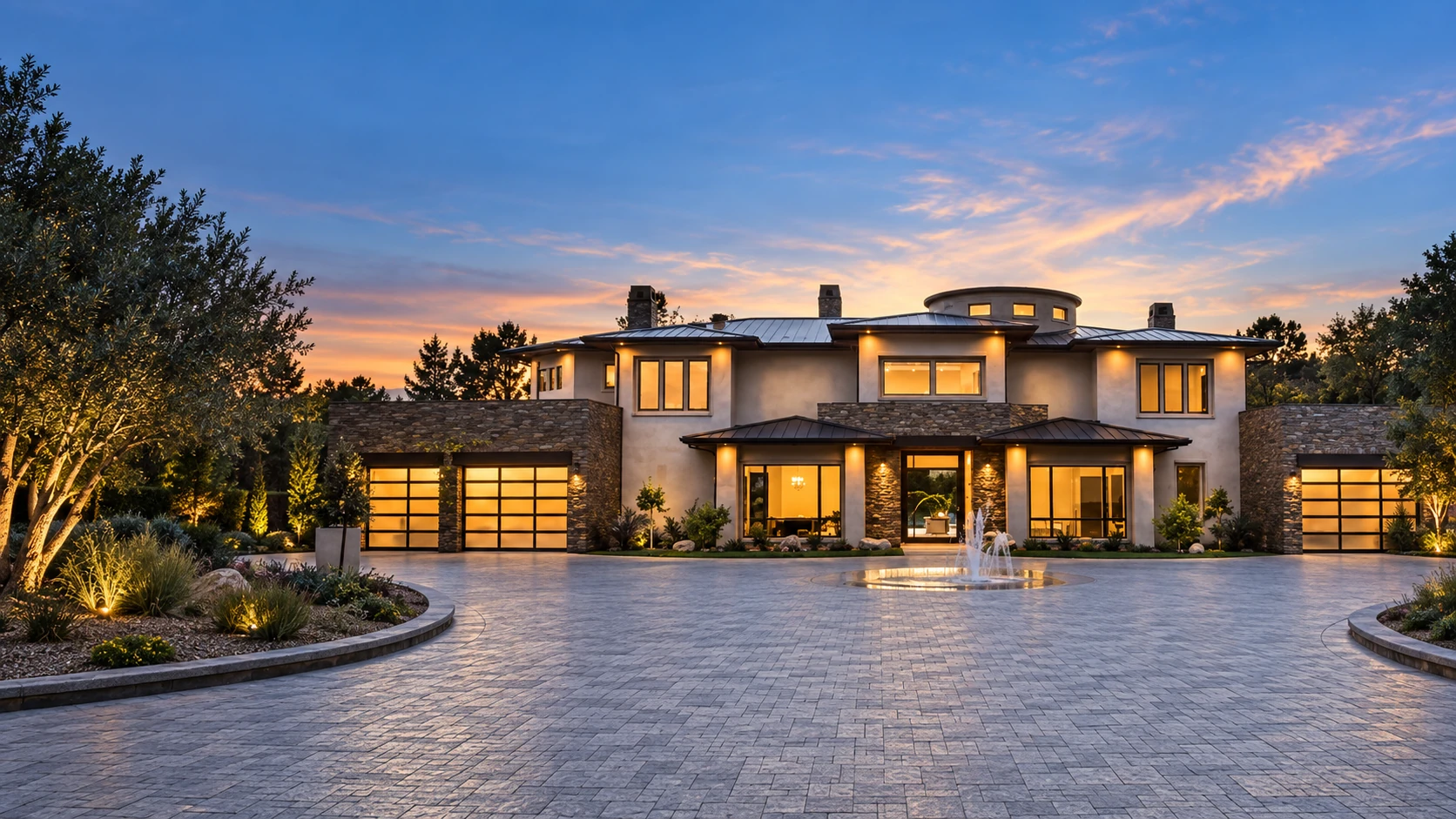 Completed custom home with stone detailing and warm evening lighting